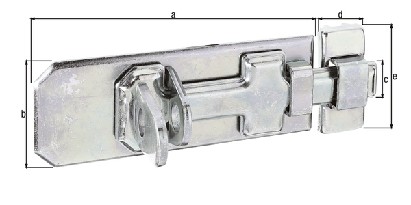 Catenaccio di sicurezza con impugnatura piatta, con fori per viti incassate, Materiale: acciaio grezzo, superficie: zincata galvanizzata, con strato spesso passivato, modello: diritto, con guida asta fissata, Lunghezza piastra: 120 mm, Larghezza piastra: 45 mm, Larghezza chiavistello: 17 mm, Larghezza guida asta: 22 mm, Lunghezza guida asta: 50 mm, Numero di fori: 6, Foro: Ø5 mm