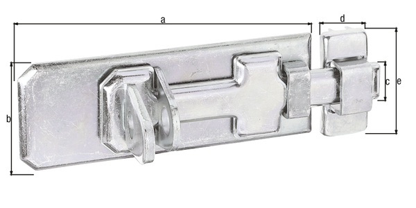 Security lock bolt with flat handle, with countersunk screw holes, Material: raw steel, Surface: galvanised, thick-film passivated, type: straight, with attached staple, Plate length: 140 mm, Plate width: 55 mm, Slide width: 20 mm, Loop width: 24 mm, Loop length: 56 mm, No. of holes: 6, Hole: Ø5 mm