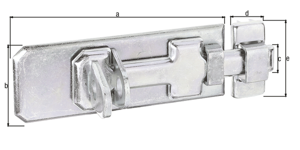 Sicherheits-Schlossriegel mit flachem Griff, mit versenkten Schraublöchern, Material: Stahl roh, Oberfläche: galvanisch verzinkt, Dickschichtschutz, Ausführung: gerade, mit befestigter Schlaufe, Plattenlänge: 140 mm, Plattenbreite: 55 mm, Schieberbreite: 20 mm, Schlaufenbreite: 24 mm, Schlaufenlänge: 56 mm, Anzahl Löcher: 6, Loch: Ø5 mm