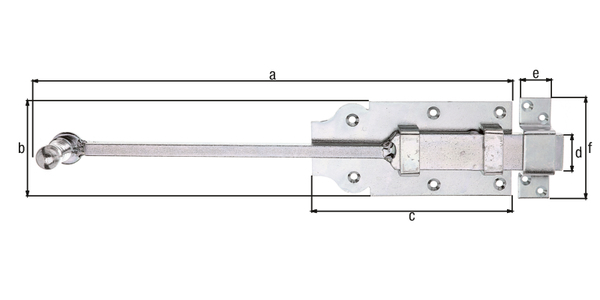 Door bolt with knob handle, with countersunk screw holes, Material: raw steel, Surface: galvanised, thick-film passivated, with attached staple, Length: 365.8 mm, Plate length: 160 mm, Plate width: 80 mm, Slide width: 30 mm, Loop width: 26 mm, Loop length: 86 mm, Square bar: 10 x 10 mm, No. of holes: 2 / 6 / 4, Hole: Ø4.7 / Ø5.5 / Ø5 mm