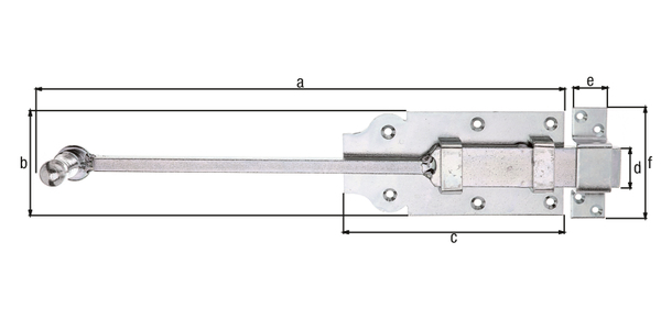 Tür-Stangenriegel mit Knopfgriff, mit versenkten Schraublöchern, Material: Stahl roh, Oberfläche: galvanisch verzinkt, Dickschichtschutz, mit befestigter Schlaufe, Länge: 365,8 mm, Plattenlänge: 160 mm, Plattenbreite: 80 mm, Schieberbreite: 30 mm, Schlaufenbreite: 26 mm, Schlaufenlänge: 86 mm, Vierkantstange: 10 x 10 mm, Anzahl Löcher: 2 / 6 / 4, Loch: Ø4,7 / Ø5,5 / Ø5 mm