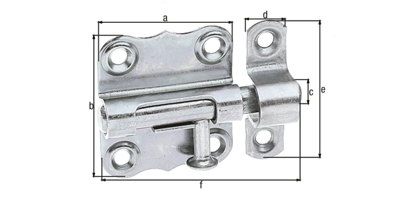 Barrel bolt with knob handle, without spring, with countersunk screw holes, Material: raw steel, Surface: galvanised, thick-film passivated, with attached staple, Plate length: 33 mm, Plate width: 35 mm, Bolt-Ø: 7 mm, Loop width: 10 mm, Loop length: 37 mm, Total length: 50 mm, No. of holes: 6, Hole: Ø3.8 mm