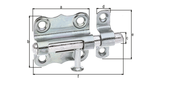 Barrel bolt with knob handle, without spring, with countersunk screw holes, Material: raw steel, Surface: galvanised, thick-film passivated, with attached staple, Plate length: 39 mm, Plate width: 38 mm, Bolt-Ø: 8 mm, Loop width: 10 mm, Loop length: 37 mm, Total length: 65 mm, No. of holes: 4 / 2, Hole: Ø4.5 / Ø3.8 mm