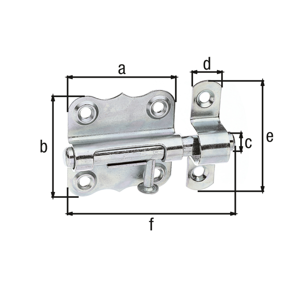 Barrel bolt with knob handle, without spring, with countersunk screw holes, Material: raw steel, Surface: galvanised, thick-film passivated, with attached staple, Plate length: 47 mm, Plate width: 46 mm, Bolt-Ø: 9 mm, Loop width: 13 mm, Loop length: 52 mm, Total length: 80 mm, No. of holes: 6, Hole: Ø4.2 mm