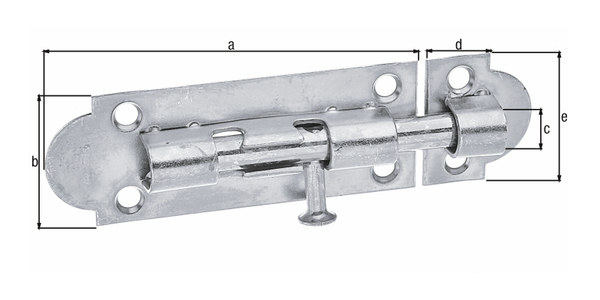 Barrel bolt with knob handle, with countersunk screw holes, without spring, Material: raw steel, Surface: galvanised, thick-film passivated, with attached staple, Plate length: 75 mm, Plate width: 28 mm, Bolt-Ø: 7 mm, Loop width: 22 mm, Loop length: 28 mm, No. of holes: 6, Hole: Ø4.3 mm