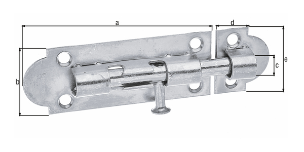 Grendelriegel mit Knopfgriff, mit versenkten Schraublöchern, ohne Feder, Material: Stahl roh, Oberfläche: galvanisch verzinkt, Dickschichtschutz, mit befestigter Schlaufe, Plattenlänge: 75 mm, Plattenbreite: 28 mm, Bolzen-Ø: 7 mm, Schlaufenbreite: 22 mm, Schlaufenlänge: 28 mm, Anzahl Löcher: 6, Loch: Ø4,3 mm