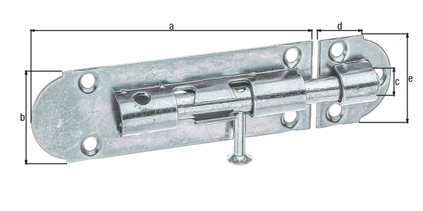 Grendelriegel mit Knopfgriff, mit versenkten Schraublöchern, ohne Feder, Material: Stahl roh, Oberfläche: galvanisch verzinkt, Dickschichtschutz, mit befestigter Schlaufe, Plattenlänge: 100 mm, Plattenbreite: 30 mm, Bolzen-Ø: 8 mm, Schlaufenbreite: 27 mm, Schlaufenlänge: 30 mm, Anzahl Löcher: 7, Loch: Ø4,4 mm