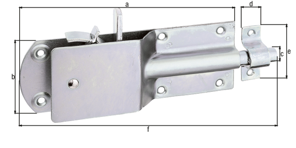 Cerrojo de seguridad para establos, con agujeros para atornillar avellanados, Material: Acero crudo, Superficie: galvanizado, pasivado con capa gruesa, con cerradero fijado, Longitud de la pletina: 200 mm, Anchura de la pletina: 70 mm, Pernos-Ø: 15 mm, Anchura del cerradero: 20 mm, Longitud del pasador: 57 mm, Longitud total: 250 mm, Número de agujeros: 6 / 2, Perforación: Ø5,5 / Ø5 mm