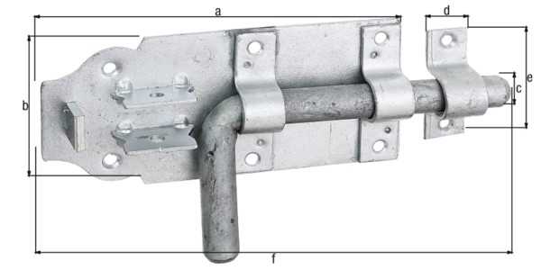 Bolzenriegel mit rundem Griff, mit versenkten Schraublöchern, Material: Stahl roh, Oberfläche: feuerverzinkt, mit befestigter Schlaufe, Plattenlänge: 160 mm, Plattenbreite: 70 mm, Bolzen-Ø: 16 mm, Schlaufenbreite: 20 mm, Schlaufenlänge: 58 mm, Gesamtlänge: 210 mm, Ausschub: 49 mm, Anzahl Löcher: 6 / 2, Loch: Ø5,5 / Ø5 mm