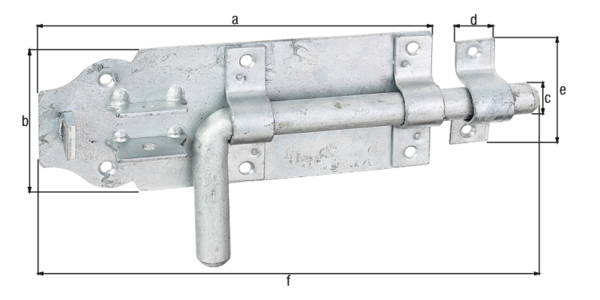 Bolt lock with round handle, with countersunk screw holes, Material: raw steel, Surface: hot-dip galvanised, with attached staple, Plate length: 180 mm, Plate width: 70 mm, Bolt-Ø: 16 mm, Loop width: 20 mm, Loop length: 58 mm, Total length: 230 mm, Extension length: 49 mm, No. of holes: 6 / 2, Hole: Ø5.5 / Ø5 mm