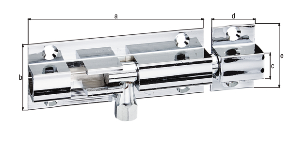 Grendelriegel mit Knopfgriff, mit versenkten Schraublöchern, Material: Messing, Oberfläche: vernickelt, poliert, mit befestigter Schlaufe, Plattenlänge: 63 mm, Plattenbreite: 26 mm, Bolzen-Ø: 7,3 mm, Schlaufenbreite: 16 mm, Schlaufenlänge: 26 mm, Anzahl Löcher: 6, Loch: Ø3,3 mm, CutCase