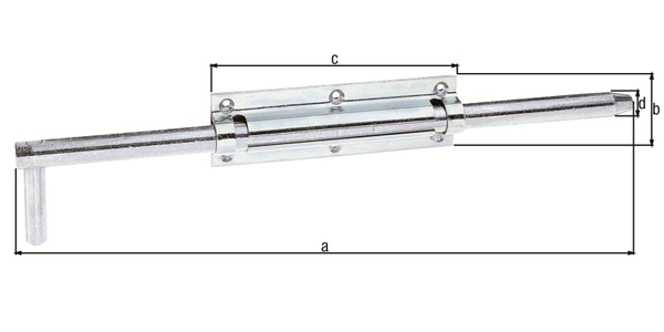 Tower drop bolt, with countersunk screw holes, Material: raw steel, Surface: galvanised, thick-film passivated, with attached staple, Length: 400 mm, Plate length: 160 mm, Plate width: 52 mm, Bolt-Ø: 18 mm, Loop width: 30 mm, Loop length: 57 mm, No. of holes: 8, Hole: Ø5 mm