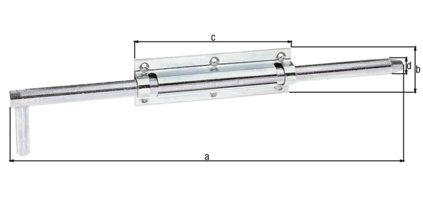 Catenaccio a cannone con asta lunga, con fori per viti incassate, Materiale: acciaio grezzo, superficie: galvanizzata, passivata a strato spesso, con guida asta fissata, lunghezza: 400 mm, Lunghezza piastra: 160 mm, Larghezza piastra: 52 mm, Perno-Ø: 18 mm, 30 mm, 57 mm, Numero di fori: 8, Foro: Ø5 mm