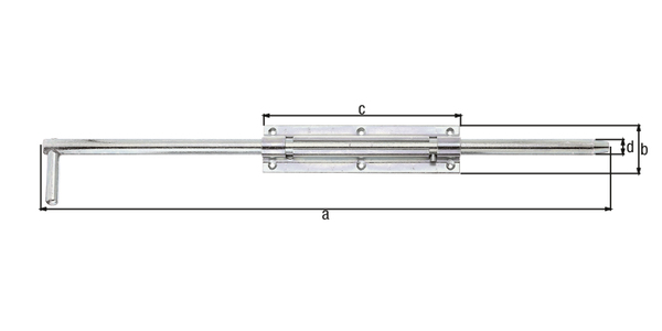 Verrou baïonnette, avec trous de vis fraisés, Matériau: Acier brut, Finition: galvanisée passivée, avec gâche attachée, Longueur: 600 mm, Longueur de platine: 210 mm, Largeur de platine: 52 mm, Boulon-Ø: 18 mm, Largeur de la boucle: 30 mm, Longueur de la boucle: 57 mm, Nombre de trous: 8, Trou: Ø5 mm