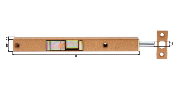 Flush bolt with slider, Material: raw steel, Surface: limba-coloured with hammer finish, with locking plate, Length: 160 mm, Width: 17 mm, Height: 12 mm, Bolt-Ø: 7.5 mm