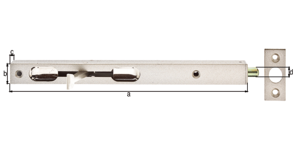 Flush bolt with lever, Material: raw steel, Surface: silver painted, with locking plate, Length: 250 mm, Width: 20 mm, Height: 15 mm, Bolt-Ø: 10 mm