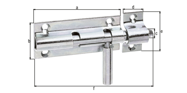 Cerrojo con maneta redonda, con agujeros para atornillar avellanados, Material: Acero crudo, Superficie: galvanizado, pasivado con capa gruesa, con cerradero fijado, Longitud de la pletina: 80 mm, Anchura de la pletina: 36 mm, Pernos-Ø: 10 mm, Anchura del cerradero: 20 mm, Longitud del pasador: 41 mm, Longitud total: 110 mm, Número de agujeros: 4 / 2, Perforación: Ø5,5 / Ø4 mm