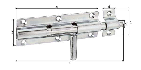 Bolt lock with round handle, with countersunk screw holes, Material: raw steel, Surface: galvanised, thick-film passivated, with attached staple, Plate length: 120 mm, Plate width: 41 mm, Bolt-Ø: 12 mm, Loop width: 20 mm, Loop length: 51 mm, Total length: 160 mm, No. of holes: 6 / 2, Hole: Ø5 / Ø4.5 mm