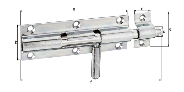 Bolzenriegel mit rundem Griff, mit versenkten Schraublöchern, Material: Stahl roh, Oberfläche: galvanisch verzinkt, Dickschichtschutz, mit befestigter Schlaufe, Plattenlänge: 120 mm, Plattenbreite: 41 mm, Bolzen-Ø: 12 mm, Schlaufenbreite: 20 mm, Schlaufenlänge: 51 mm, Gesamtlänge: 160 mm, Anzahl Löcher: 6 / 2, Loch: Ø5 / Ø4,5 mm