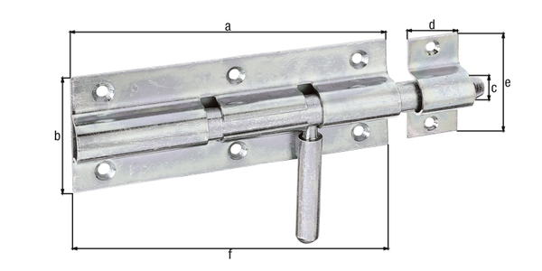 Bolt lock with round handle, with countersunk screw holes, Material: raw steel, Surface: galvanised, thick-film passivated, with attached staple, Plate length: 160 mm, Plate width: 60 mm, Bolt-Ø: 16 mm, Loop width: 25 mm, Loop length: 60 mm, Total length: 210 mm, No. of holes: 8, Hole: Ø5.5 mm