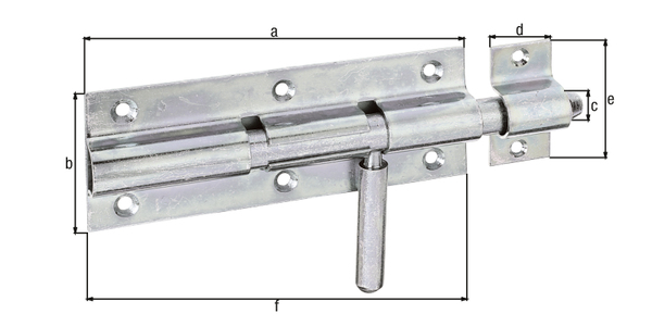 Verrou de box bouton, avec trous de vis fraisés, Matériau: Acier brut, Finition: galvanisée passivée, avec gâche attachée, Longueur de platine: 160 mm, Largeur de platine: 60 mm, Boulon-Ø: 16 mm, Largeur de gâche: 25 mm, Longueur de gâche: 60 mm, Longueur totale: 210 mm, Nombre de trous: 8, Trou: Ø5,5 mm