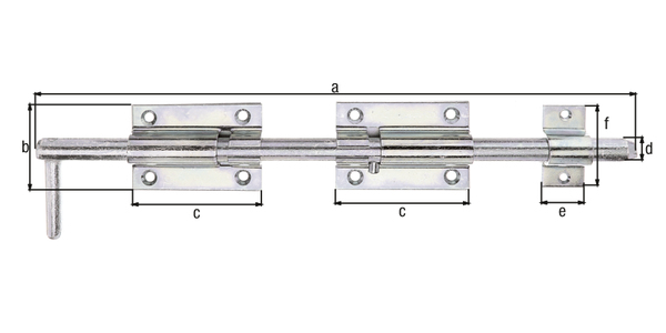 Tower drop bolt, with countersunk screw holes, Material: raw steel, Surface: galvanised, thick-film passivated, with attached staple, Length: 400 mm, Plate length: 90 mm, Plate width: 60 mm, Bolt-Ø: 16 mm, Loop width: 30 mm, Loop length: 57 mm, No. of holes: 8 / 2, Hole: Ø6.5 / Ø5 mm