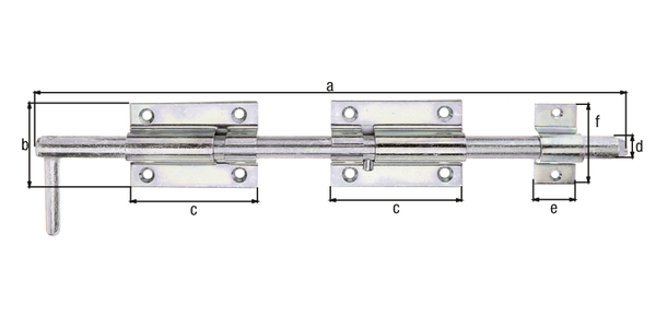 Cerrojo bayoneta, con agujeros para atornillar avellanados, Material: Acero crudo, Superficie: galvanizado, pasivado con capa gruesa, con cerradero fijado, Longitud: 400 mm, Longitud de la pletina: 90 mm, Anchura de la pletina: 60 mm, Pernos-Ø: 16 mm, 30 mm, 57 mm, Número de agujeros: 8 / 2, Perforación: Ø6,5 / Ø5 mm