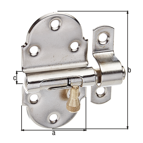 Barrel bolt with brass knob, with spring, with countersunk screw holes, Material: raw steel, Surface: nickel-plated, polished, with attached staple, Plate length: 40 mm, Plate width: 75 mm, Bolt-Ø: 9 mm, Loop width: 13 mm, Loop length: 52 mm, Total length: 60 mm, No. of holes: 8, Hole: Ø4.2 mm
