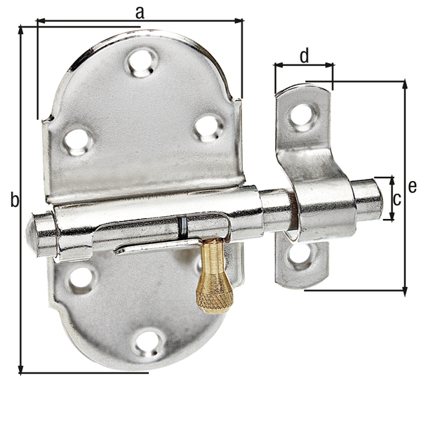 Grendelriegel mit Messing-Knopf, mit Feder, mit versenkten Schraublöchern, Material: Stahl roh, Oberfläche: vernickelt, poliert, mit befestigter Schlaufe, Plattenlänge: 45 mm, Plattenbreite: 85 mm, Bolzen-Ø: 10 mm, Schlaufenbreite: 13 mm, Schlaufenlänge: 52 mm, Gesamtlänge: 80 mm, Anzahl Löcher: 8, Loch: Ø4,2 mm