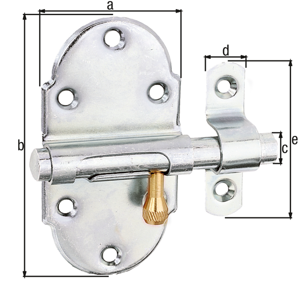 Grendelriegel mit Messing-Knopf, mit Feder, mit versenkten Schraublöchern, Material: Stahl roh, Oberfläche: galvanisch verzinkt, Dickschichtschutz, mit befestigter Schlaufe, Plattenlänge: 45 mm, Plattenbreite: 85 mm, Bolzen-Ø: 10 mm, Schlaufenbreite: 13 mm, Schlaufenlänge: 52 mm, Gesamtlänge: 80 mm, Anzahl Löcher: 8, Loch: Ø4,2 mm