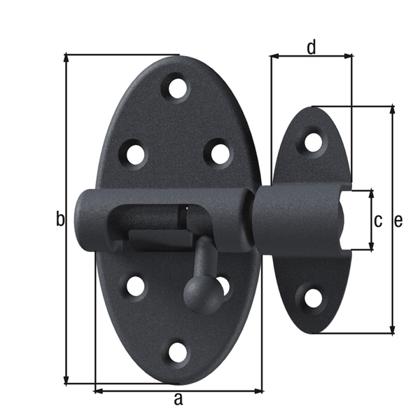 Ovado Barrel bolt with knob handle, with spring, with countersunk screw holes, Material: steel, Surface: galvanised, graphite grey powder-coated, Plate length: 40 mm, Plate width: 75 mm, Bolt-Ø: 9 mm, Loop width: 19 mm, Loop length: 51 mm, No. of holes: 8, Hole: Ø4.5 mm