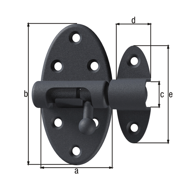 Grendelriegel Ovado mit Knopfgriff, mit Feder, mit versenkten Schraublöchern, Material: Stahl, Oberfläche: verzinkt, graphitgrau kunststoffbeschichtet, Plattenlänge: 40 mm, Plattenbreite: 75 mm, Bolzen-Ø: 9 mm, Schlaufenbreite: 19 mm, Schlaufenlänge: 51 mm, Anzahl Löcher: 8, Loch: Ø4,5 mm