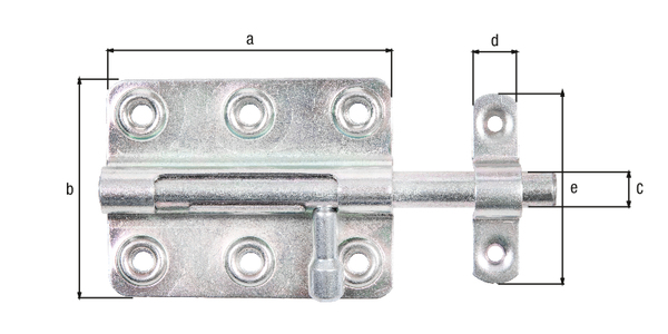 Cerrojo con maneta redonda, con agujeros para atornillar avellanados, Material: Acero crudo, Superficie: galvanizado, pasivado con capa gruesa, con cerradero fijado, Longitud de la pletina: 80 mm, Anchura de la pletina: 59 mm, Pernos-Ø: 10 mm, Anchura del cerradero: 16 mm, Longitud del pasador: 58 mm, Longitud total: 125 mm, Número de agujeros: 6 / 2, Perforación: Ø5,3 / Ø4,2 mm