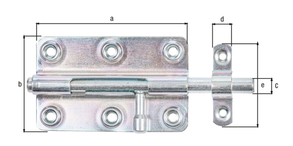 Verrou de box bouton, avec trous de vis fraisés, Matériau: Acier brut, Finition: galvanisée passivée, avec gâche attachée, Longueur de platine: 100 mm, Largeur de platine: 59 mm, Boulon-Ø: 10 mm, Largeur de gâche: 16 mm, Longueur de gâche: 58 mm, Longueur totale: 145 mm, Nombre de trous: 6 / 2, Trou: Ø5,3 / Ø4,2 mm