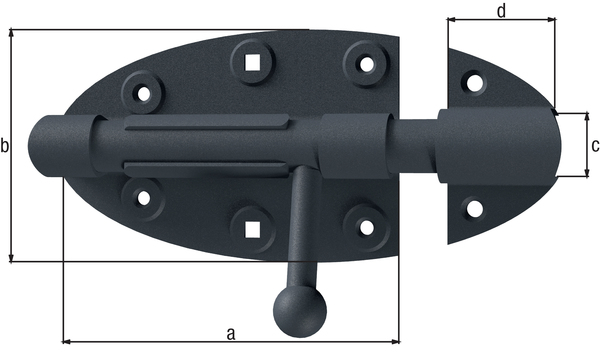 Ovado Bolt lock with round handle, with countersunk screw holes, Material: steel, Surface: galvanised, graphite grey powder-coated, Plate length: 112 mm, Plate width: 72 mm, Bolt-Ø: 16 mm, Loop width: 36 mm, No. of holes: 4 / 2 / 2, Hole: Ø5 / 5 x 5 / Ø5 mm