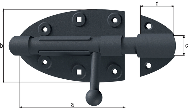 Bolzenriegel Ovado mit rundem Griff, mit versenkten Schraublöchern, Material: Stahl, Oberfläche: verzinkt, graphitgrau kunststoffbeschichtet, Plattenlänge: 112 mm, Plattenbreite: 72 mm, Bolzen-Ø: 16 mm, Schlaufenbreite: 36 mm, Anzahl Löcher: 4 / 2 / 2, Loch: Ø5 / 5 x 5 / Ø5 mm, CutCase