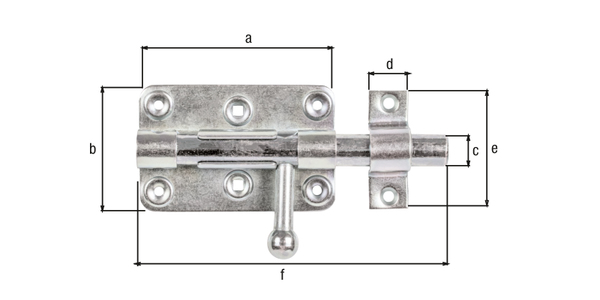 Locking tower bolt with round handle, with countersunk screw holes, Material: raw steel, Surface: galvanised, thick-film passivated, with attached staple, Plate length: 99 mm, Plate width: 68 mm, Bolt-Ø: 15 mm, Loop width: 20 mm, Loop length: 58 mm, Total length: 140 mm, No. of holes: 4 / 2 / 2, Hole: Ø4.4 / Ø5 / 5 x 5 mm