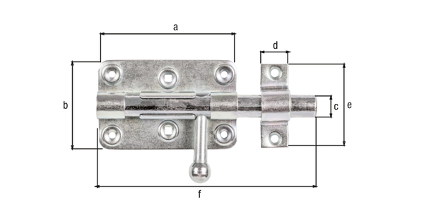 Cerrojo para candado con maneta redonda, con agujeros para atornillar avellanados, Material: Acero crudo, Superficie: galvanizado, pasivado con capa gruesa, con cerradero fijado, Longitud de la pletina: 99 mm, Anchura de la pletina: 68 mm, Pernos-Ø: 15 mm, Anchura del cerradero: 20 mm, Longitud del pasador: 58 mm, Longitud total: 140 mm, Número de agujeros: 4 / 2 / 2, Perforación: Ø4,4 / Ø5 / 5 x 5 mm