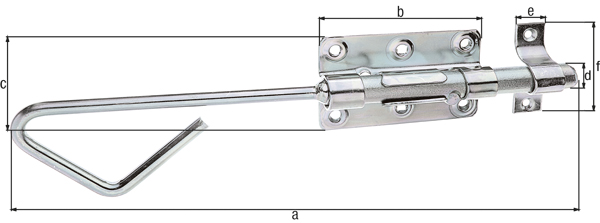 Tower drop bolt, with countersunk screw holes, Material: raw steel, Surface: galvanised, thick-film passivated, type: straight, with attached staple, Length: 320 mm, Plate length: 100 mm, Plate width: 60 mm, Bolt-Ø: 16 mm, Loop width: 20 mm, Loop length: 58 mm, No. of holes: 4 / 2 / 2, Hole: Ø4 / Ø5 / 5 x 5 mm