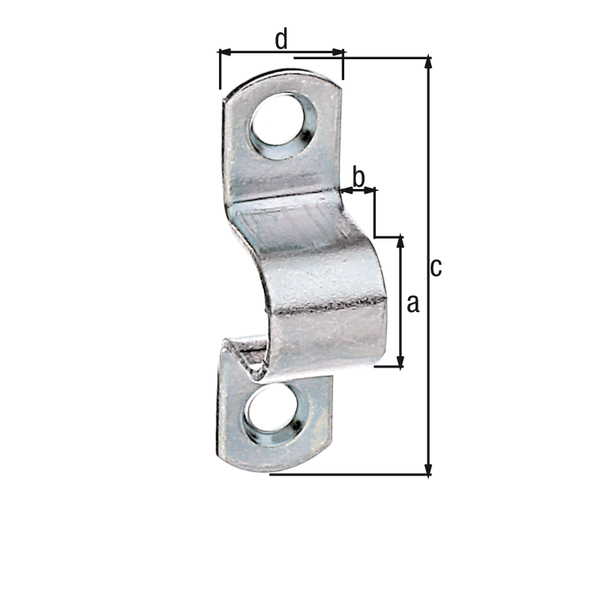 Staple, with countersunk screw holes, Material: raw steel, Surface: galvanised, thick-film passivated, with countersunk screw holes, Clear length: 9 mm, Clear height: 12 mm, Total length: 37 mm, Total width: 10 mm, No. of holes: 2, Hole: Ø3.8 mm