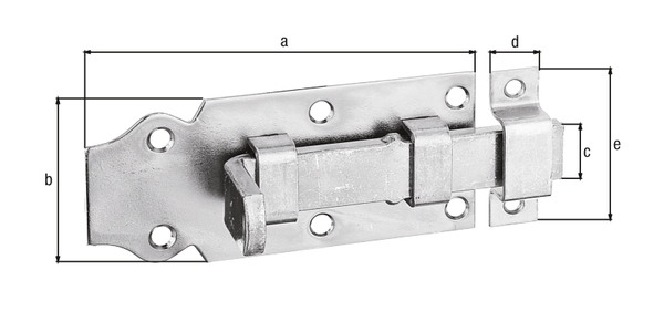 Cerrojo de puerta con maneta plana, con agujeros para atornillar avellanados, Material: Acero crudo, Superficie: galvanizado, pasivado con capa gruesa, modelo: recto, con cerradero fijado, Longitud de la pletina: 100 mm, Anchura de la pletina: 44 mm, Anchura del pasador: 16 mm, Anchura del cerradero plano: 13 mm, 45 mm, Número de agujeros: 6 / 2, Perforación: Ø5 / Ø4 mm