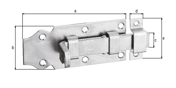 Door bolt with flat handle, with countersunk screw holes, Material: raw steel, Surface: galvanised, thick-film passivated, type: straight, with attached staple, Plate length: 100 mm, Plate width: 44 mm, Slide width: 16 mm, Width of locking plate: 13 mm, Length of locking plate: 45 mm, No. of holes: 6 / 2, Hole: Ø5 / Ø4 mm