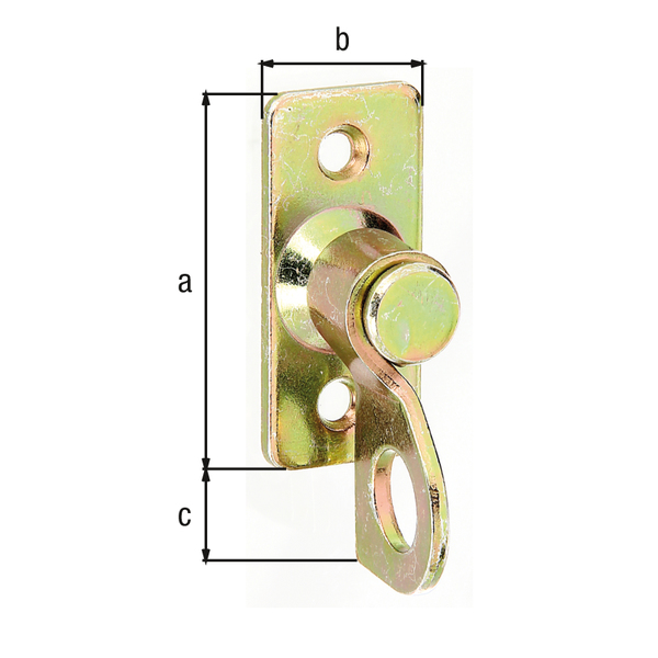 Latch fastener on plate, with countersunk screw holes, Material: raw steel, Surface: yellow galvanised, Plate length: 45 mm, Plate depth: 20 mm, Distance plate - sash lock: 4.5 mm, No. of holes: 2, Hole: Ø4.5 mm