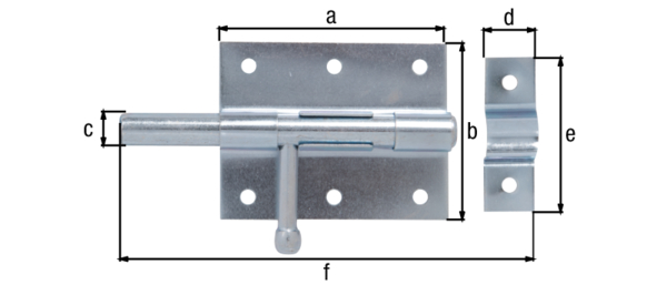 Bolzenriegel mit rundem Griff, Material: Stahl roh, Oberfläche: galvanisch blau verzinkt, mit befestigter Schlaufe, Plattenlänge: 80 mm, Plattenbreite: 63 mm, Bolzen-Ø: 11,5 mm, Schlaufenbreite: 18 mm, Schlaufenlänge: 56 mm, Gesamtlänge: 116 mm, Ausschub: 35 mm, Anzahl Löcher: 8, Loch: Ø5 mm