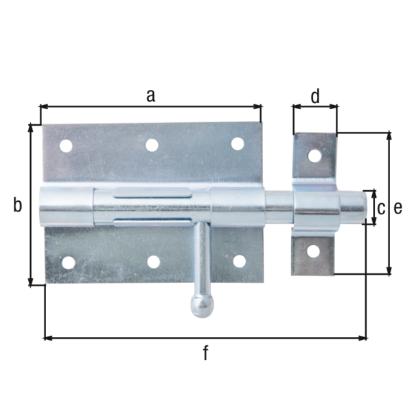 Bolt lock with round handle, Material: raw steel, Surface: blue galvanised, with attached staple, Plate length: 90 mm, Plate width: 67 mm, Bolt-Ø: 13.5 mm, Loop width: 18 mm, Loop length: 61 mm, Total length: 130 mm, Extension length: 40 mm, No. of holes: 8, Hole: Ø5 mm