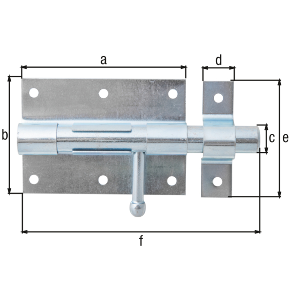 Bolt lock with round handle, Material: raw steel, Surface: blue galvanised, with attached staple, Plate length: 95 mm, Plate width: 67 mm, Bolt-Ø: 15.5 mm, Loop width: 18 mm, Loop length: 67 mm, Total length: 135 mm, Extension length: 43 mm, No. of holes: 8, Hole: Ø5 mm