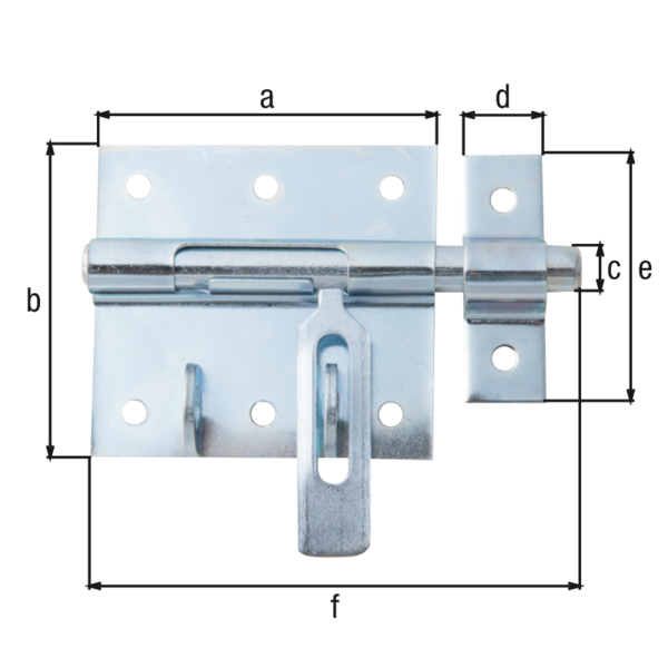 Bolzen-Schlossriegel mit flachem Griff, Material: Stahl roh, Oberfläche: galvanisch blau verzinkt, mit befestigter Schlaufe, Plattenlänge: 70 mm, Plattenbreite: 67 mm, Bolzen-Ø: 9,5 mm, Schlaufenbreite: 16 mm, Schlaufenlänge: 53 mm, Gesamtlänge: 100 mm, Ausschub: 29 mm, Anzahl Löcher: 8, Loch: Ø5 mm