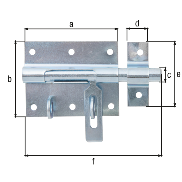 Locking tower bolt with flat handle, Material: raw steel, Surface: blue galvanised, with attached staple, Plate length: 80 mm, Plate width: 64 mm, Bolt-Ø: 11.5 mm, Loop width: 18 mm, Loop length: 57 mm, Total length: 116 mm, No. of holes: 8, Hole: Ø5 mm