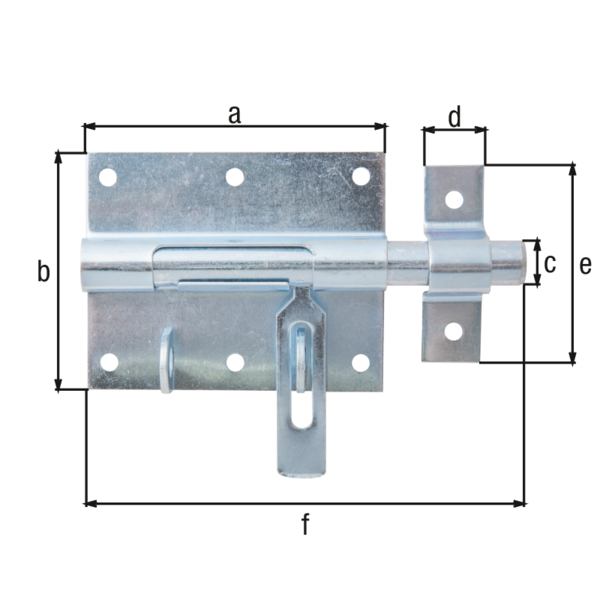 Bolzen-Schlossriegel mit flachem Griff, Material: Stahl roh, Oberfläche: galvanisch blau verzinkt, mit befestigter Schlaufe, Plattenlänge: 90 mm, Plattenbreite: 73 mm, Bolzen-Ø: 13,5 mm, Schlaufenbreite: 18 mm, Schlaufenlänge: 61 mm, Gesamtlänge: 130 mm, Ausschub: 40 mm, Anzahl Löcher: 8, Loch: Ø5 mm