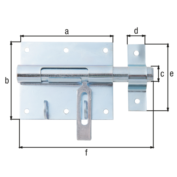 Locking tower bolt with flat handle, Material: raw steel, Surface: blue galvanised, with attached staple, Plate length: 95 mm, Plate width: 79 mm, Bolt-Ø: 15.5 mm, Loop width: 18 mm, Loop length: 67 mm, Total length: 135 mm, Extension length: 42 mm, No. of holes: 8, Hole: Ø5 mm